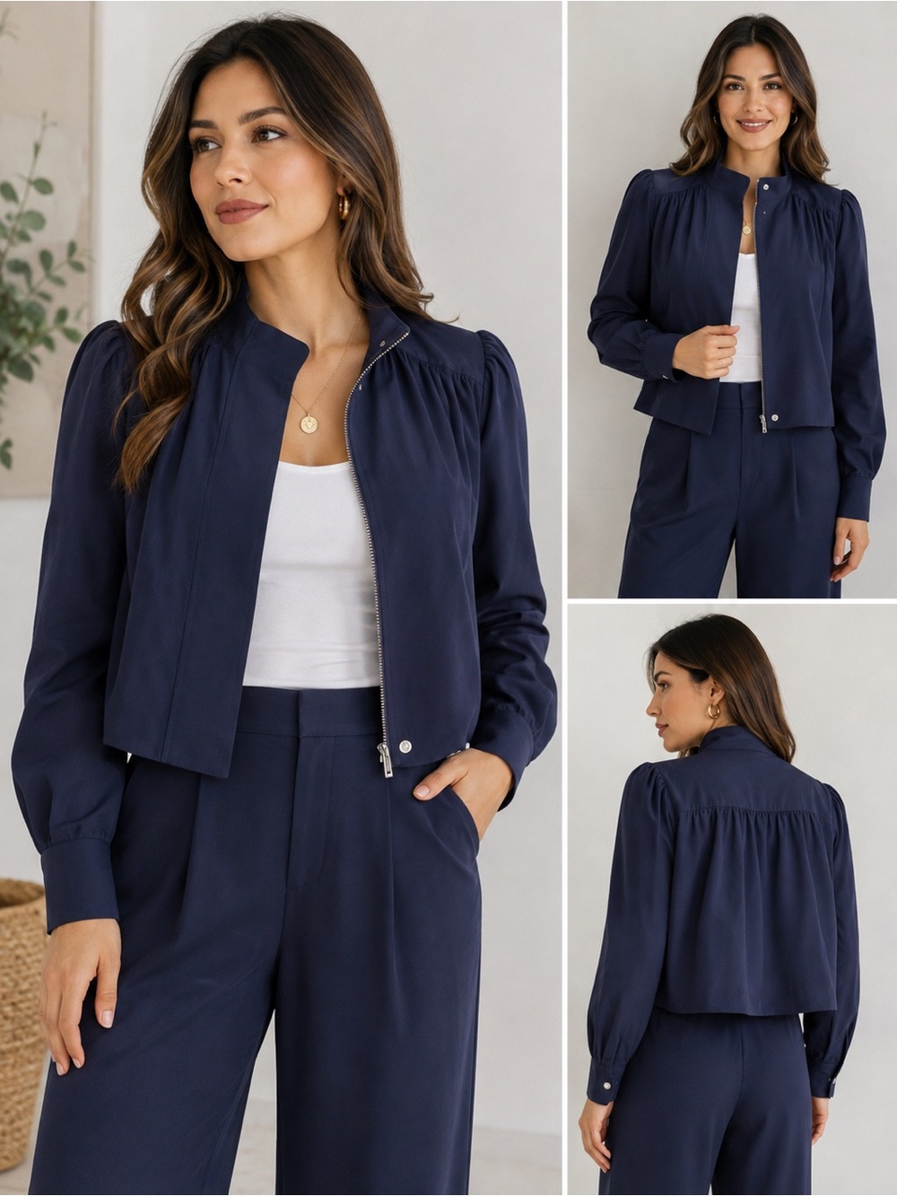 Vince Camuto Navy Zip-Front Cropped Blazer